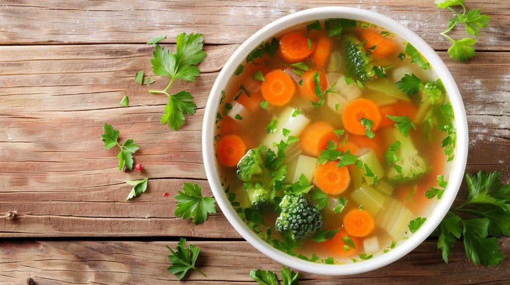Миска овощного супа с морковью, брокколи и зеленью